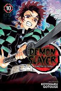Cover of Demon Slayer Volume 10. Tanjiro holds his sword and is swinging it at us. He is concentrating and has his mouth open and teeth gritted. His green and black checkered gi is tattered and flowing in the wind.