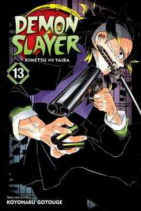 Cover of Demon Slayer volume 13. Genya holds a nichirin sword in his mouth while he points a double-barreled shotgun down towards the viewer. He has a purple vest on atop his black demon slayer garb.