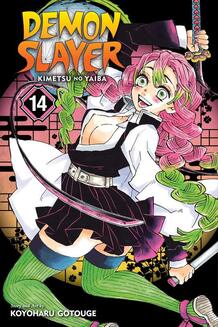 Cover of Demon Slayer volume 14. Kanroji, the Love Hashira, is jumping up and slashing behind her. She's wearing green thigh high socks and her blade is whipping up and around in front of her. Her black demon slayer jacket is open in front to reveal her ample bosom. Her bright pink hair is curly and floats around her face. The tips of her hair are bright green, like her socks. She's smiling like she's having a lot of fun.