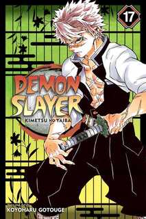 Cover of Demon Slayer volume 17. Hashira Shinazugawa stands intensely glaring at us with the X-shaped scar across his nose and another across his chest, which we can see as his white shirt is open down to his naval. He's about to pull his nichirin sword from its scabbard.