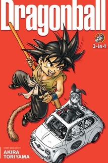 Cover of Dragonball volume 1. Son Goku is jumping above a car which looks like a VW Bug. Inside is Bulma in a sexy bunny suit, and Oolong the pig.