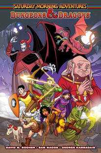 Cover of Saturday Morning Adventures: Dungeons & Dragons volume 1. The entire gang is action posed on the bottom with the Dungeon Master above them and Venger above him with a five-headed dragon above that.