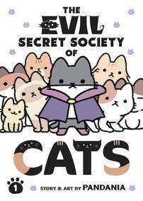 The Evil Secret Society of Cats volume 1. The Feline Commander stands in front of a large group of cats. He's standing on his hind legs and has a purple cape draped around him. Behind him, regular looking cats are staring at us.