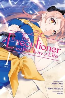 Cover of The Executioner and her way of life volume 1. Menou is laying down looking at us with her golden eyes. Her pink hair falls around her. She's wearing her customary Executioner dress - royal blue with yellow scarf around her shoulders and a yellow bow at her hip.