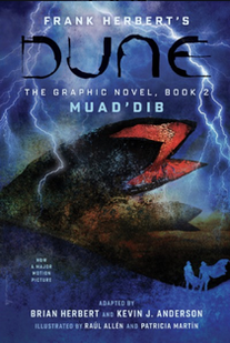 Cover of Dune volume 2. The background of the cover is blue with bolts of lightning arcing across the top. In the middle of the cover, a sand worm crests a dune. Its red mouth is wide open. 