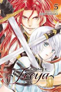 Cover of Prince Freya volume 5. Prince Dimitri is holding his swords around Freya