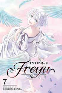 Cover of Prince Freya volume 7. Freya is in a white dress with brown ribbon tying up the sleeves and trimming the bodice. Around her are white wings and puffy pink clouds.