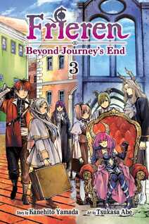 Cover of Frieren: Beyond Journey's End volume 3. Frieren, Fern, and Stark are standing in a city street with colorful buildings behind them. The demons they're fighting in this volume are standing around a lush chair, with the main demon sitting in it.