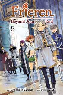 Frieren: Beyond Journey's End volume 5. Several of the candidates for the exam stand in a large stone hall. Frieren is in the foreground wearing her normal white tunic with black leggings. Behind her are her teammates and Fern, as well as a deadly team with a career mage. He has a long, red beard and is half as tall as the other candidates.
