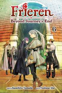 Frieren: Beyond Journey's End volume 6. Frieren, Fern, and a few other adventurers stand at the entrance to a dungeon.