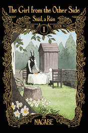 Cover of The Girl from the Other side deluxe edition volume 1. Teacher and Shiva are sitting at a table outside in their garden, and a tea set is on a white tablecloth. 