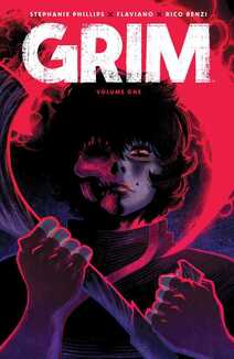 Cover of Grim volume 1. Jessica is holding her red-tipped scythe, which curves around her face and illuminates her features. Half her face is normal, but the other half of her face is a skull. She has short, bushy black hair that frames her face, and a red iris that looks at us. She's wearing a black turtleneck shirt.