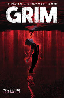 Cover of Grim volume 3. Jess is trying to come up to the top of a body of water but there are chains tied around her feet. Everything is a deep red