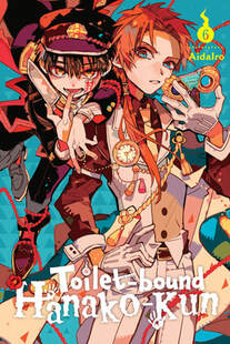 Cover of Toilet-Bound Hanako-Kun volume 6. Hanako-ku hangs from above while Kou's older brother stands before us in an elaborate suit with vest and tie.