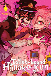 Toilet-Bound Hanako-Kun volume 7. Mitsuba is being accosted by Tsubaka, who has an evil smirk on his face. Mitsuba looks like he's in tears. 