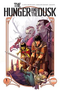 Cover of The Hunger and the Dusk volume 1. The cast is arranged on the right side looking off into the distance. Callum is holding his sword and Tara is right behind him. Arranged behind them are the orc overlord and his wife. In front are a few of the last men.