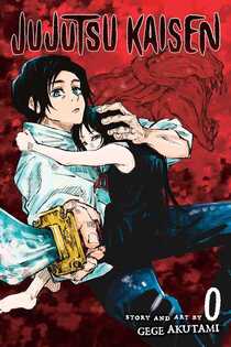 Cover of Jujutsu Kaisen volume 0. Yuka, a young man with short, black hair, is holding a sword at us and holding a young girl to him who is hugging him. She's wearing a black dress.