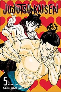 Cover of Jujutsu Kaisen volume 5. Todo is pointing at us and possibly blowing a kiss with his other hand. He is shirtless and his very muscular upper body is on display. There is a girl behind him doing the exact same pose.