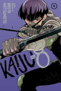 Cover of Kaiju No. 8 volume 4. Vice-Captain Hoshina holds his two sword blades ready to strike. He's in his special suit with his breathing mask on.