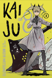 Cover of Kaiju No. 8 volume 3. Kikori and her giant ax are standing at the ready after presumably killing the giant kaiju lying dead behind her. The background of the book is a bright yellow.