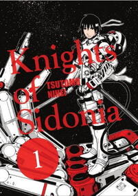 Cover of Knights of Sidonia volume 1. Nagate is standing on the hand of a mecha with his powerful sword drawn