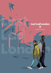 Cover of Lost Lad London volume 3. Al and Ellis are walking by each other in one corner of the cover. Al is wearing a yellow puffy jacket and blue pants. Ellis is wearing a grey jacket and black pants with a black shirt underneath. Behind them, the grey city scape is juxtaposed against a pink sky.