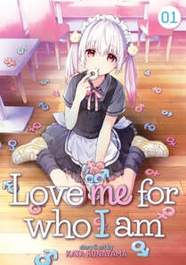 Cover of Love me for who I am volume 1. Mogumo in a maid outfit with short grey hair in pigtails, sits on the floor and eats cookies in the shape of Roman Woman and Man signs.