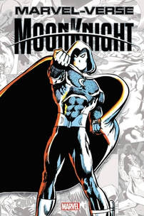 Cover of Marvel-Verse Moon Knight. He stand heroically with his cape billowing behind him, with an outstretched fist ready to punch someone.