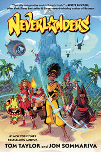 Cover of Neverlanders. The six kids stand in an array in their battle armor. Above them are the airships of the Pirates from Otherland. Behind them all is the mountain at the center of Neverland.