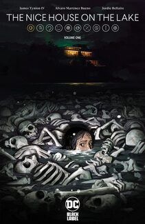 Cover of The nice house on the lake volume 1. A girl looks up from a lake full of skeletons, and she is horrified.