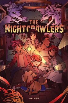 Cover of The Nightcrawlers volume 1. The five young kids are sitting in a dark room and they all have flashlights. Behind them are two purple monsters that look like werewolves