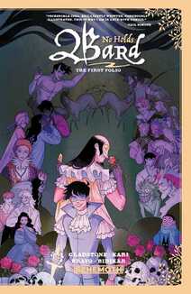 Cover of No Holds Bard volume 1. Page is looking at us in his baby blue tunic with white frills. Behind him, The Bard is sniffing a rose with his pink tunic and oversized white collar. Around them are the various other characters of the book arranged in a horseshoe shape.