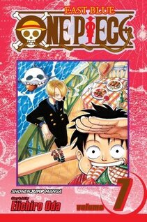 Cover of One Piece volume 7. Luffy stuffs his stretchy face with food while Sanji looks on from behind. There's a set table with lots of food on it behind them.