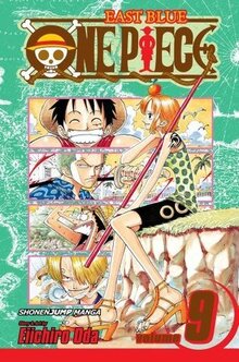 Cover of One Piece volume 9. Nami sits on a ledge with a stick and gazes out to the distance. Behind her are four panels with Luffy, Zolo, Usopp, and Sanji all smiling or in different poses.