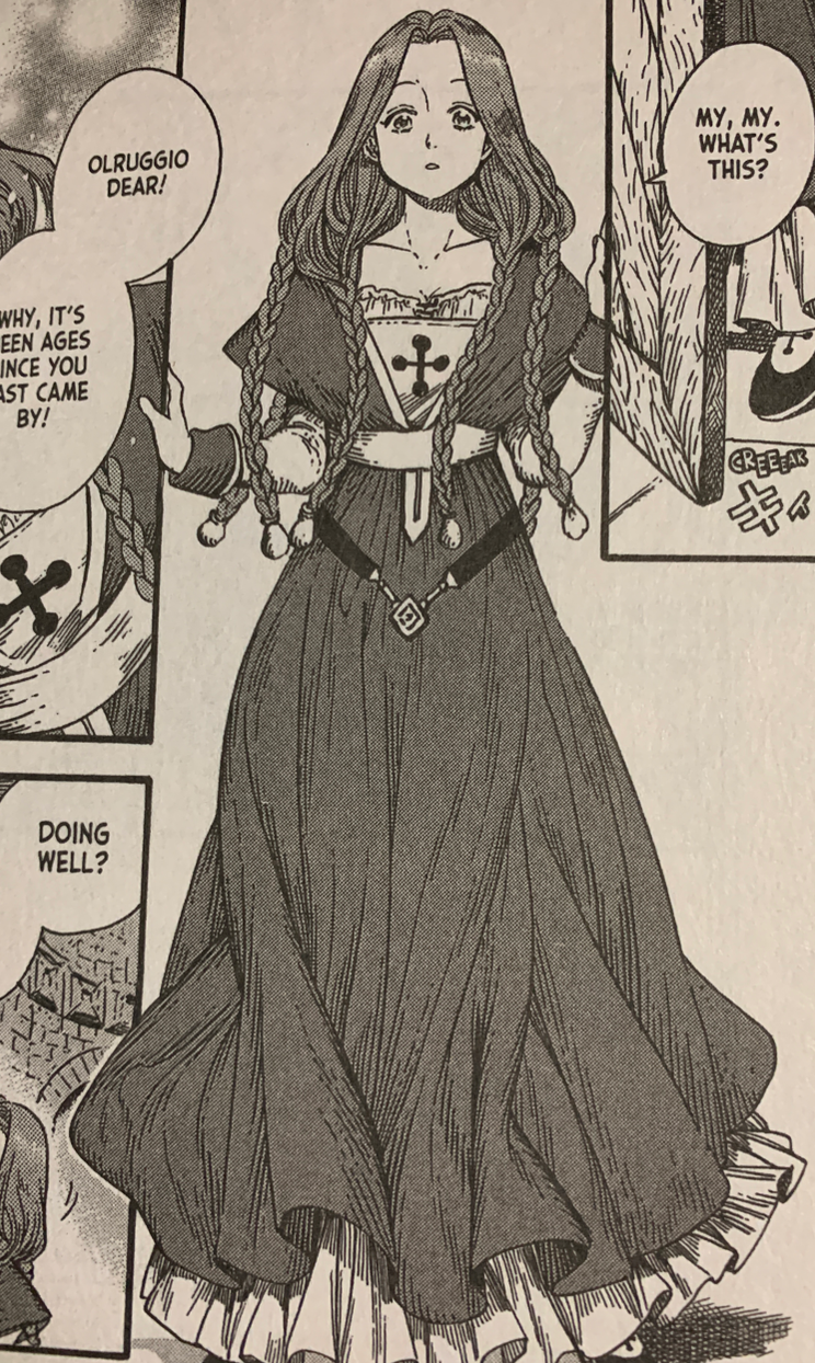 Front shot of the healer in a long, flowing dress with details such as a cross, braids, and a belt
