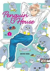 Cover of Penguin and House volume 1. Hayakawa is sitting lazily with his hands behind his head. He's wearing a white sweatshirt and blue pants with white socks. All around him, and on his lap, are depictions of Pen-chan doing various chores. Pen-chan is a small, circular grey penguin with yellow feet.