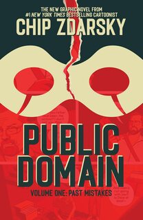 Cover of Public Domain volume 1. The Bottom half is red and comicbook pages can barely be made out behind it. The top half is black. In between the two halves is a superhero mas with what looks like a tear running down the middle.
