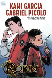 Cover of Teen Titans volume 4. Damien is holding a silver batarang, ready to throw it. He's wearing a red and black puffy jacket. Behind him is Dick, standing a bit taller than him, wearing a red and grey letterman jacket. He's on the phone. They're standing back to back, not facing each other.