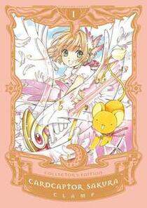 Cover of Cardcaptor Sakura Collector's Edition volume 1. Sakura is dressed in a very frilly, flowy dress. She holds her staff, and Kero-san is flying in front of her. 