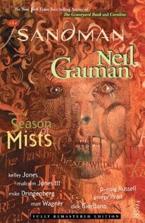 Cover of The Sandman volume 4. There's an eerie skull looking out at us, surrounded by floating words and an orange mist