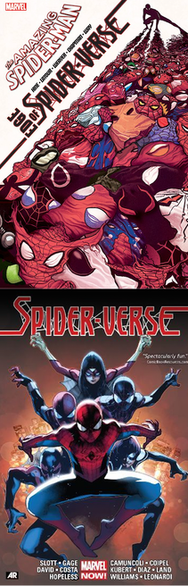 Covers of Amazing Spider Man: Edge of Spider-Verse and Spider-Verse. Edge of Spider-Verse has a pile of spider-people masks that's threatening to avalanche off the page. They're all slightly different, but they all have the white eye area with some kind of webbing around it. The Spider-Verse cover has an action pose of several spider people, mostly the popular Earth 616 spiders like Peter Parker, Spider-Woman, and Spider-Man 2099. 