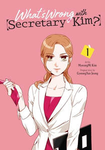 Cover of What's Wrong with Secretary Kim volume 1. Secretary Kim is dressed in a white blazer with a pink blouse on underneath. She has red hair that's pulled back in a low pony tail but her bangs are hanging around her face. She's holding a necktie in one hand and a planner in her other arm.