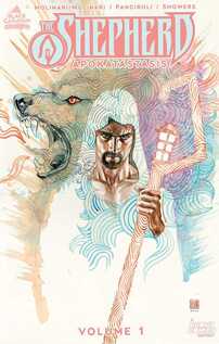 Cover of The Shepherd: Apokatastasis. Lawrence holds his staff and his wolf growls behind him.