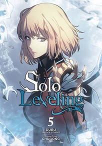 Cover of Solo Leveling volume 5. A female hunter is looking at us through her golden eyes. She has blonde hair and red armor over her torso.