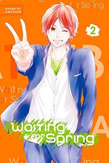Cover of Waiting for Spring volume 2. One of the characters stands, winking at us, and holding up a peace sign.