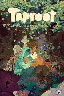 Cover of Taproot. Blue and Hamal are nestled in a tree surrounded by plants and a couple of tombstones. Blue, true to his name, is a bluish-green and in a hoodie. Hamal is in a white shirt with the sleeves cut off.