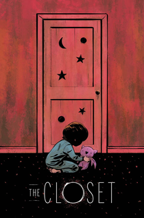 Cover of The Closet. Jamie picks up a toy from the floor in front of a closet door. The wall and door are red. The closet door has star stickers on it.