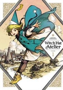 Cover of Witch hat atelier volume 1. Coco is jumping across the cover in her teal jumper and teal hat. Behind her is a country scene with the atelier in the distance.