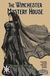 Cover of The Winchester Mystery House. Sarah Winchester is dressed in a long, flowing Victorian dress, black for mourning for the death of her husband. On her head is a long, elegant black veil flowing in the wind behind her.