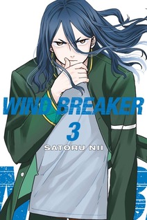 Cover of Wind Breaker volume 3. A furin student wipes the corner of his mouth with his thumb and stares at us intensely. His long, dark grey hair flows around his face.
